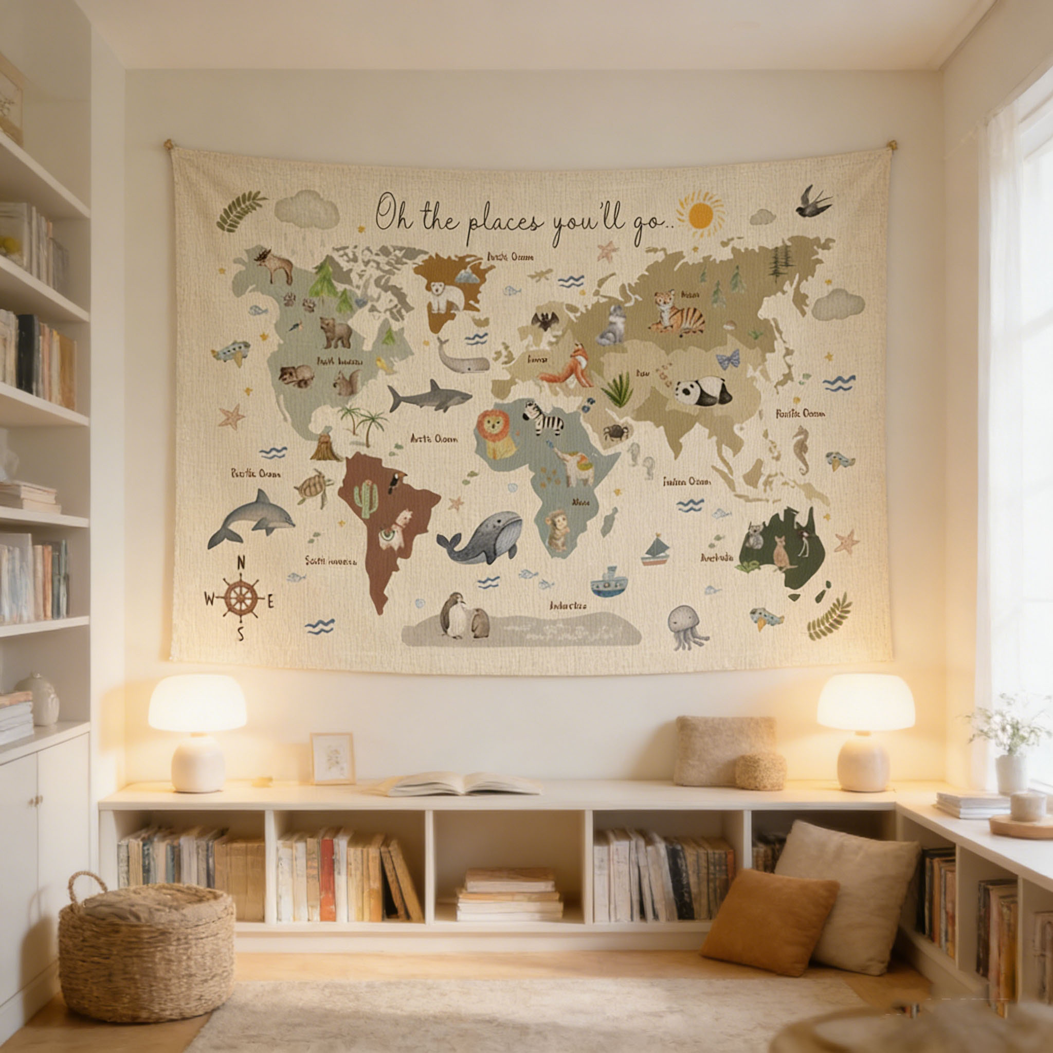 Cute Animal World Map Tapestry - Kids Education Banner ulasan dan harga