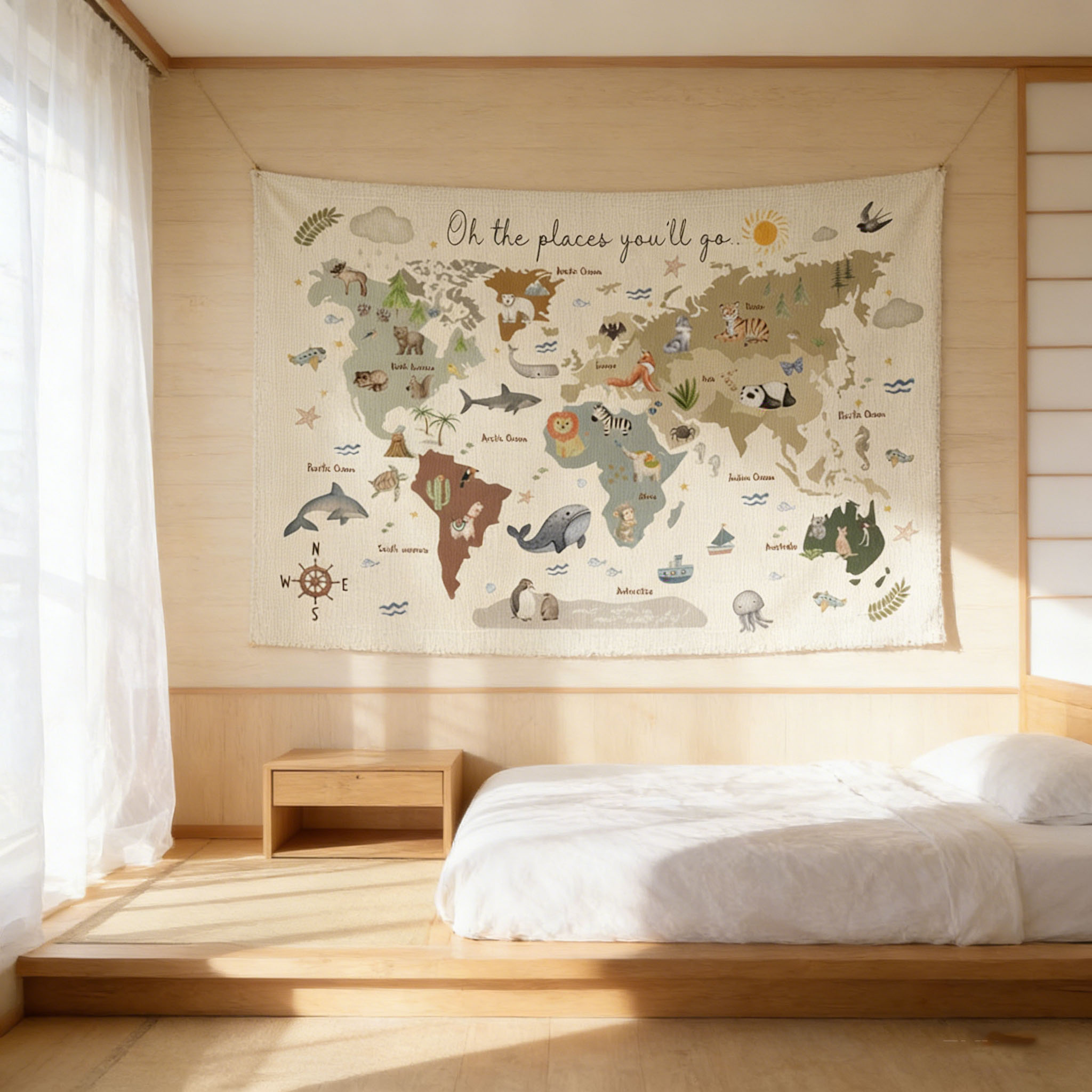 Cute Animal World Map Tapestry - Kids Education Banner ulasan dan harga