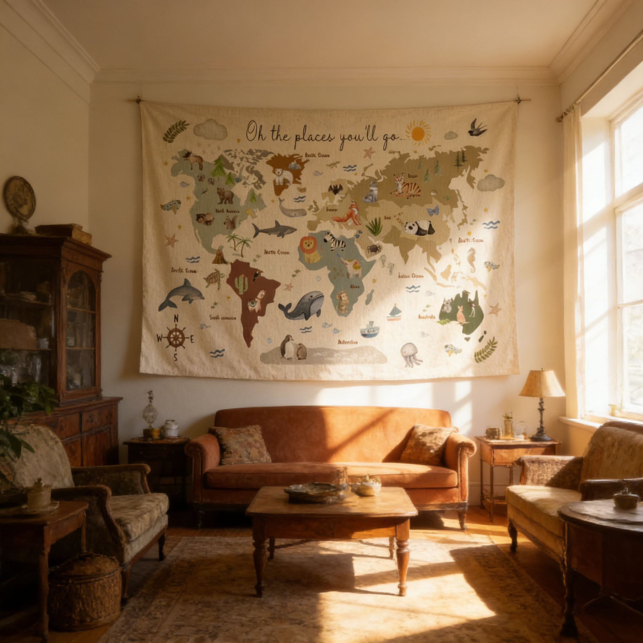 Cute Animal World Map Tapestry - Kids Education Banner ulasan dan harga