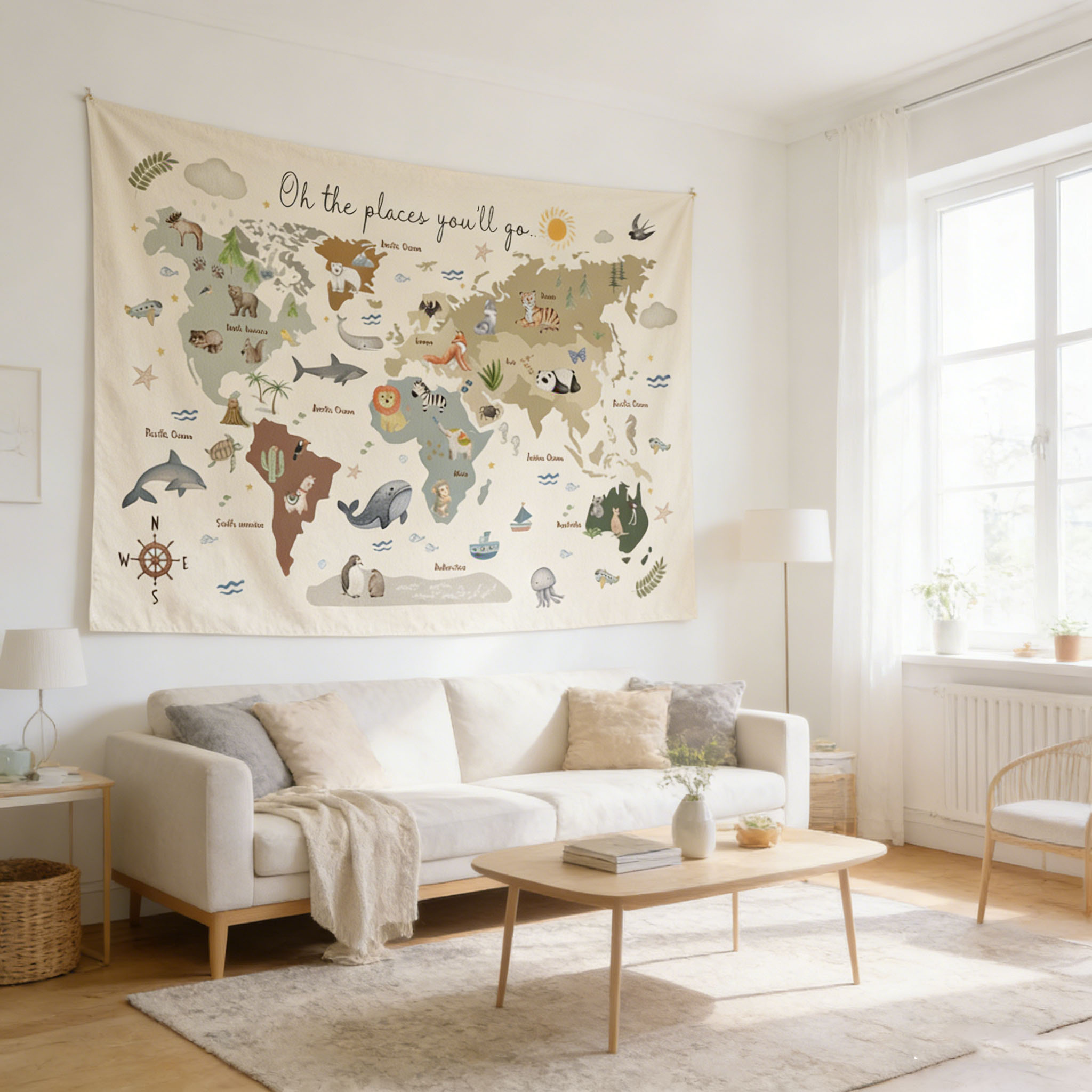 Cute Animal World Map Tapestry - Kids Education Banner ulasan dan harga